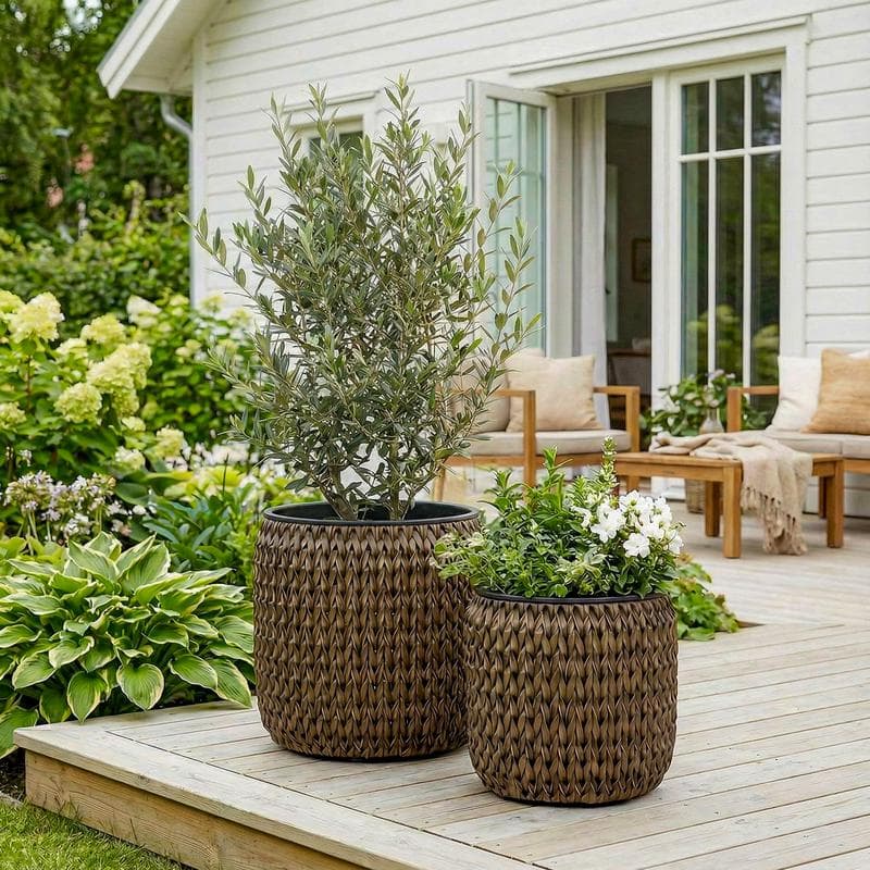 Lot de deux pots en rotin synthétique - marron foncé