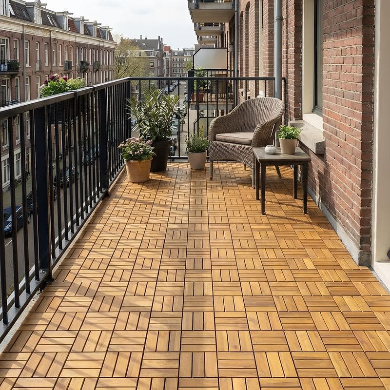 Dalles clipsables en bois d'acacia pour terrasse sur un balcon