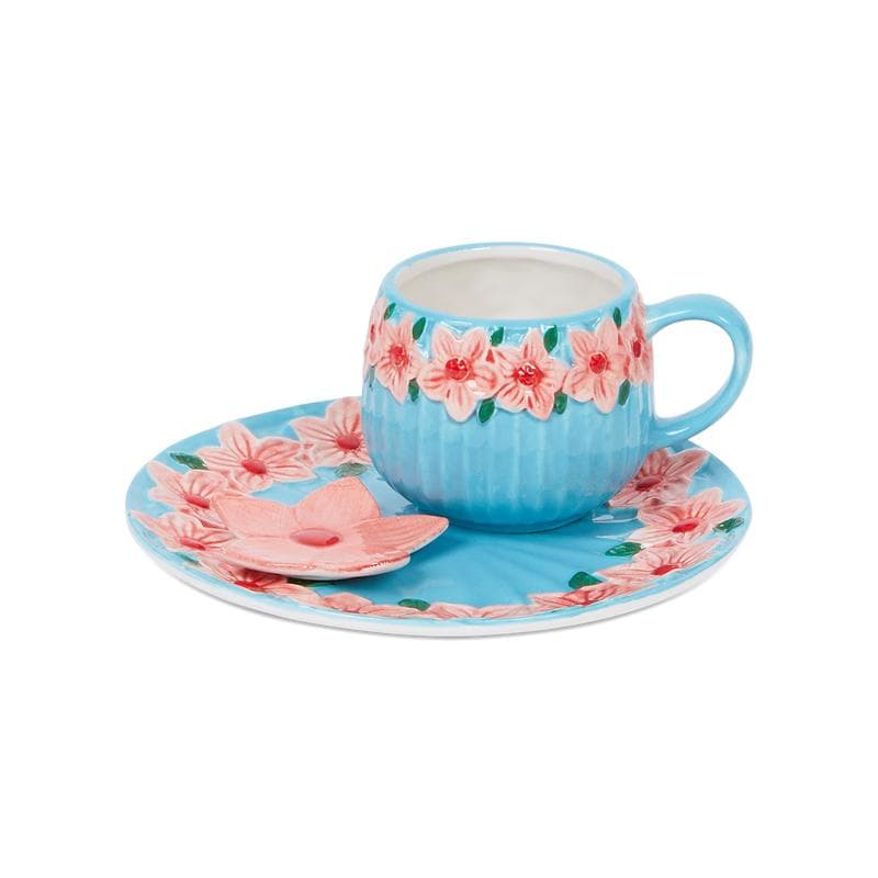 Coffret de tasses, bols et petites assiettes à fleurs