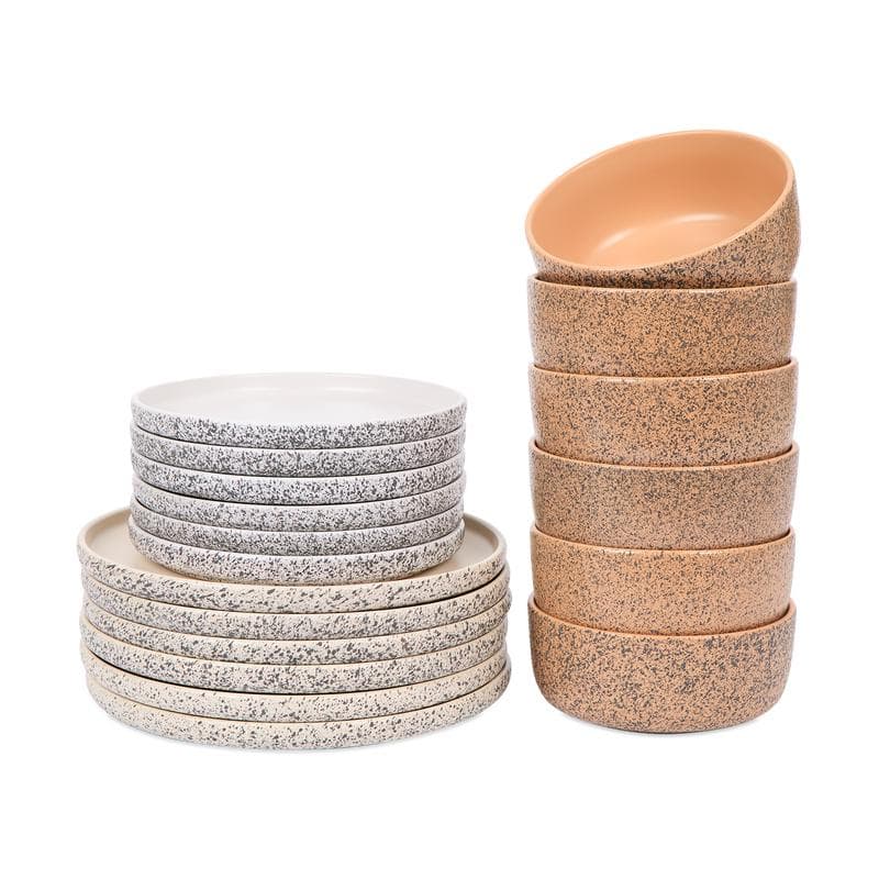 Serviesset met spikkelmotief - Beige/wit/bruin