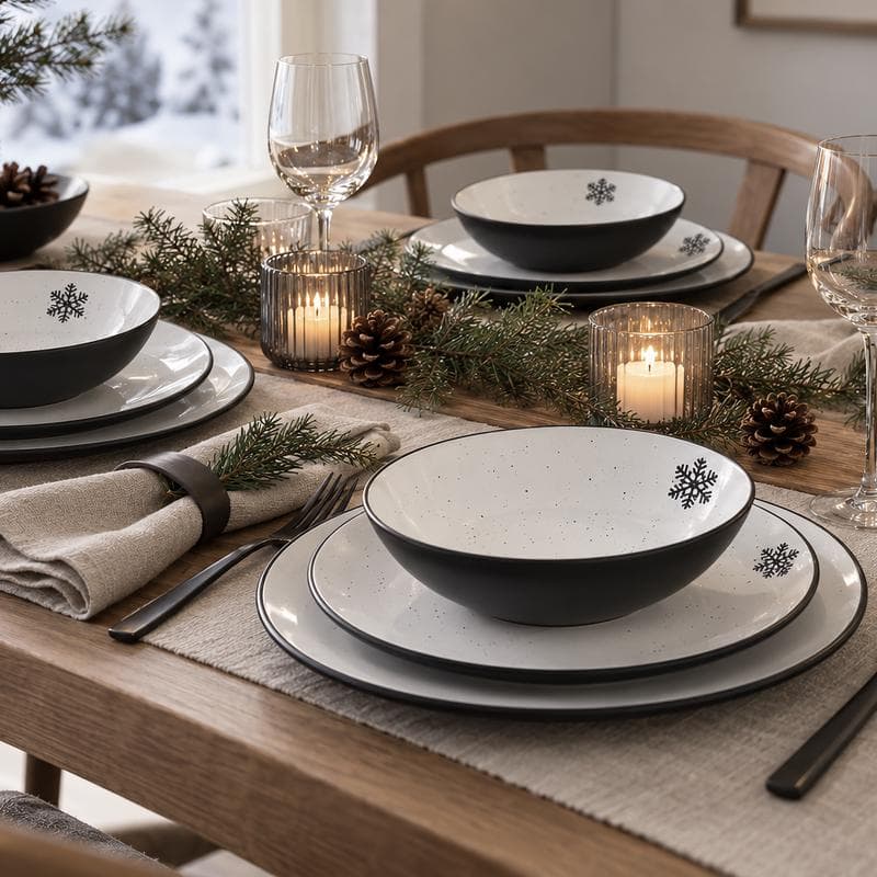 Service de table moucheté - noir avec flocon de neige-1
