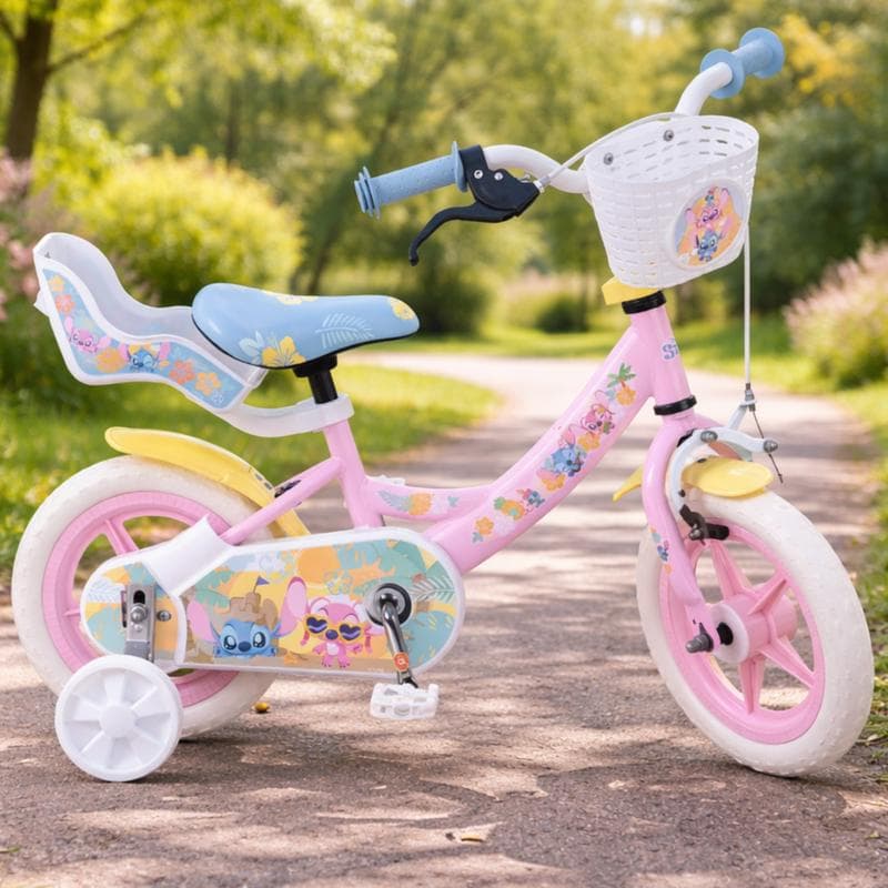 Kinderfiets 12 inch – Stitch – roze | Fiets + zijwielen + mandje |  2–4 jaar
