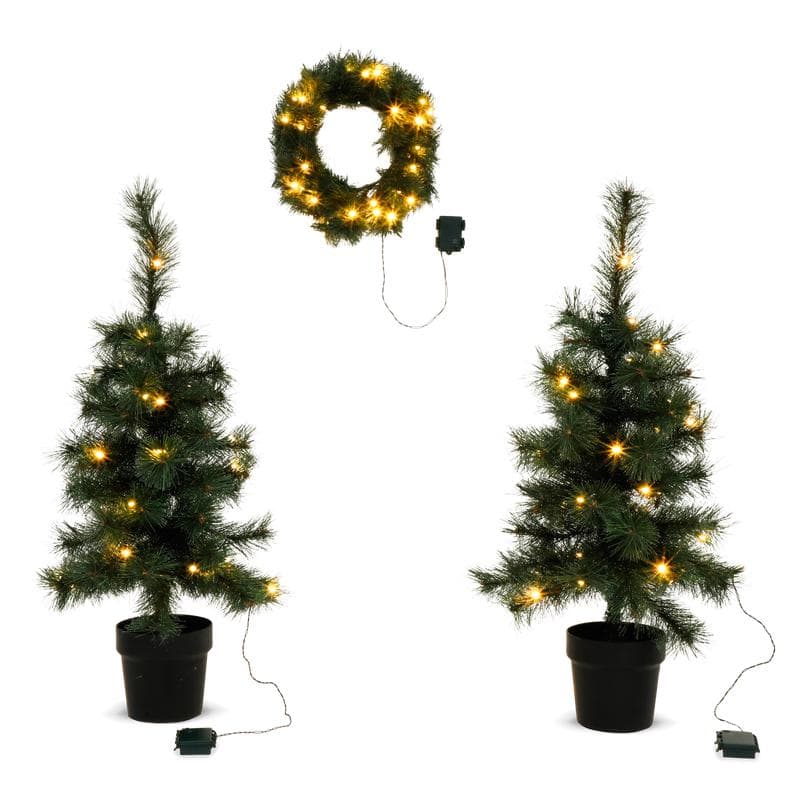Set met 2 kunst kerstbomen en 1 krans