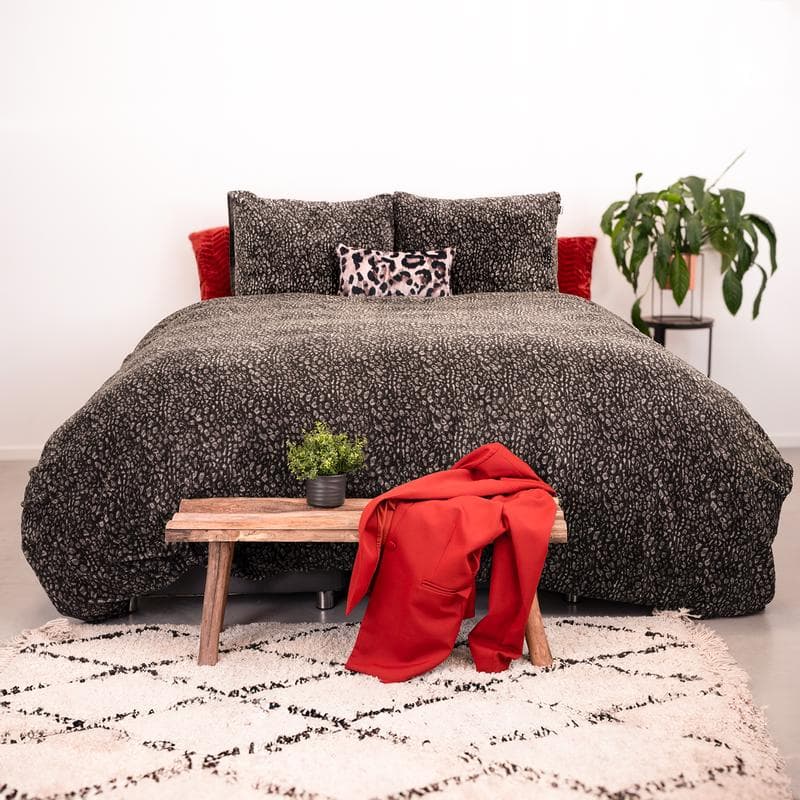 Parure de lit en flanelle teddy - motif léopard, anthracite
