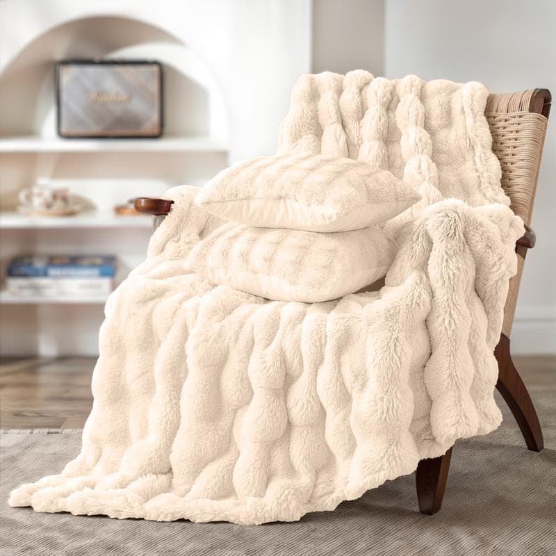 Plaid Pom Pom Fur avec 2 coussins - crème