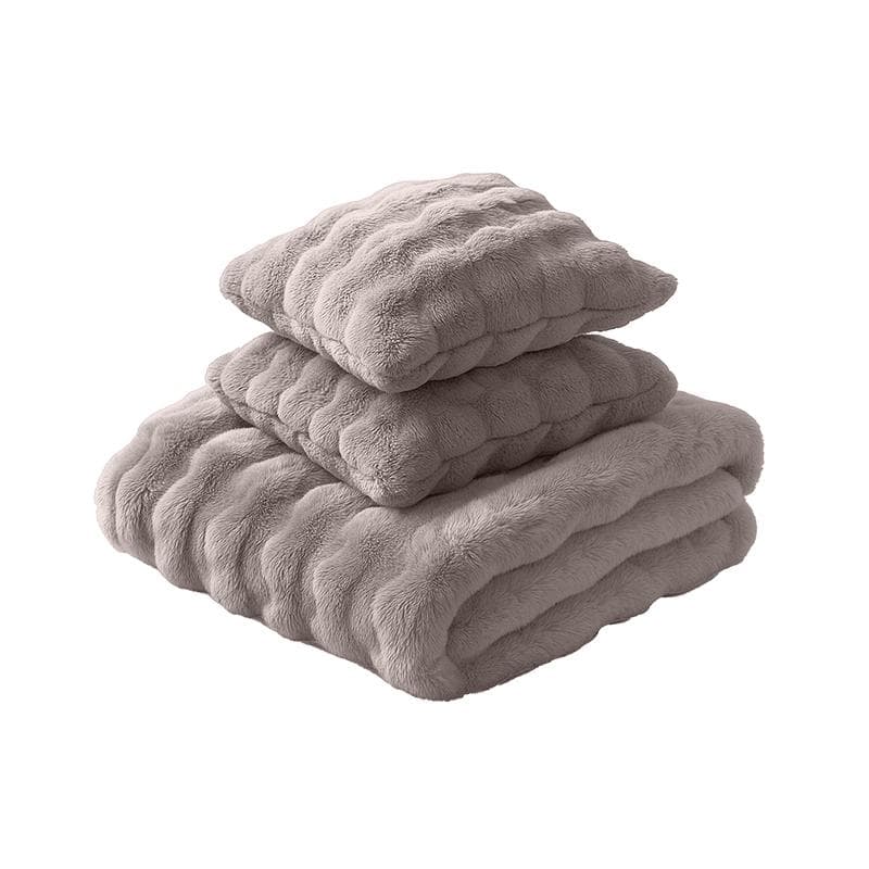 Plaid Pom Pom Fur avec 2 coussins taupe