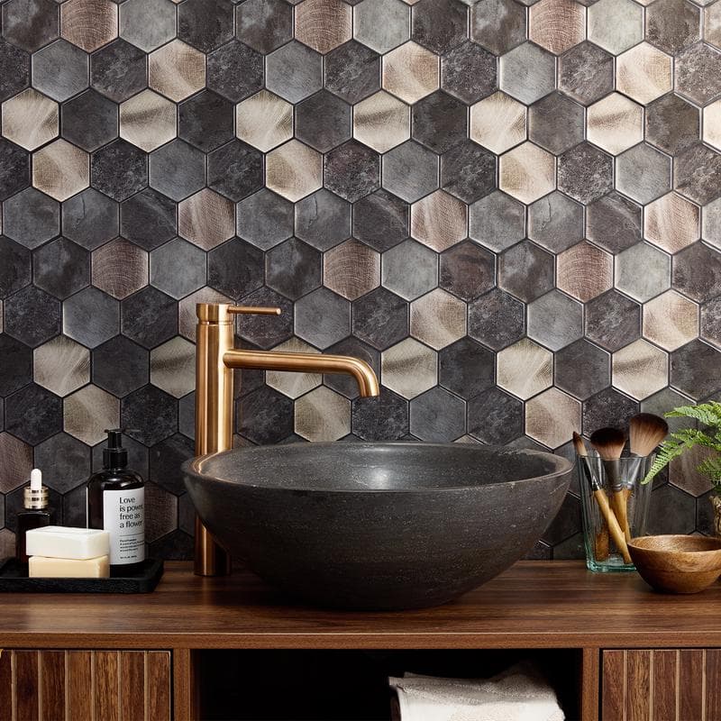 Zelfklevende tegels / steenstrips - Donkergoud hexagon