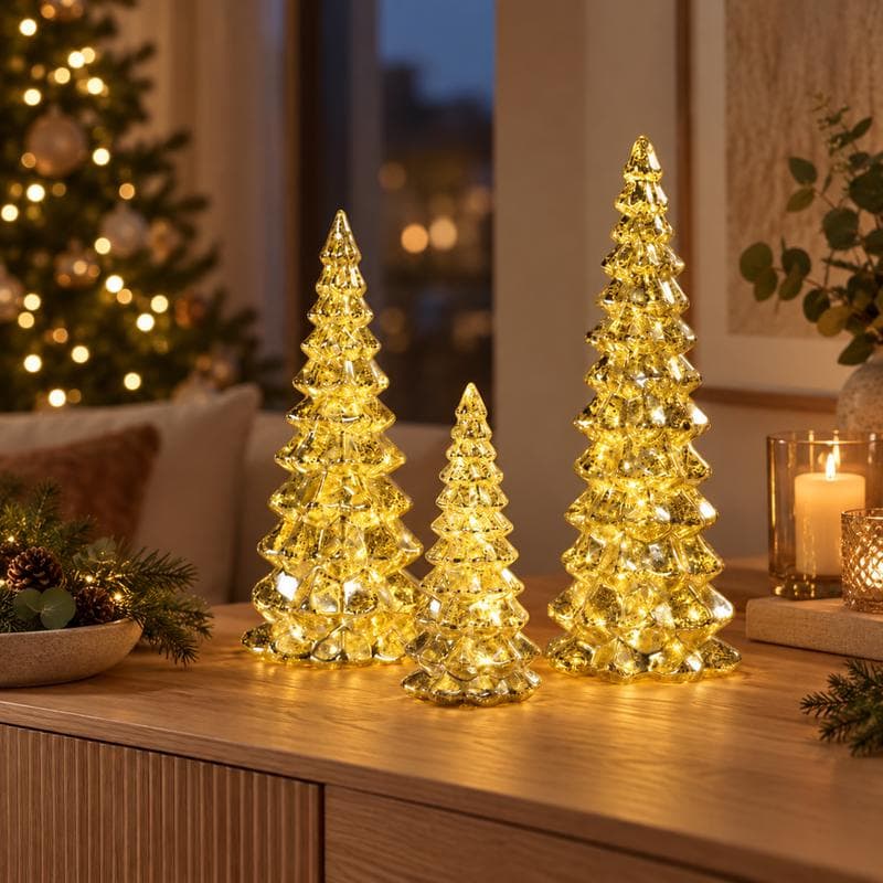 Lot de 3 sapins en verre avec LED