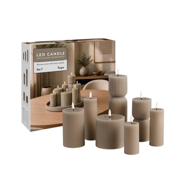 Ribbel ledkaarsen - set van 7 - taupe