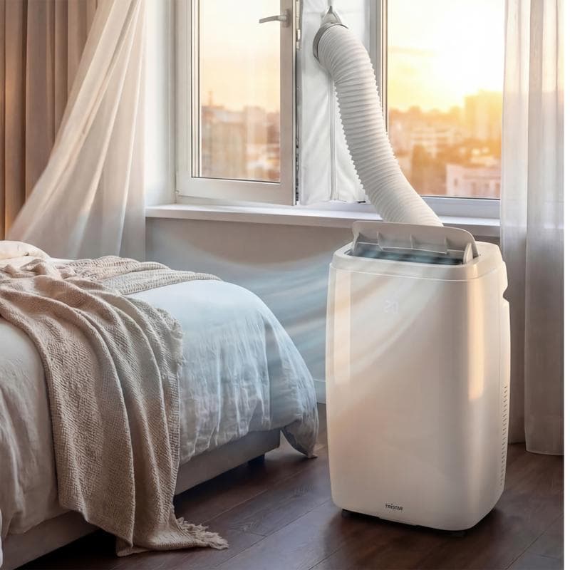 Climatiseur mobile connecté 14 000 BTU en cours d'utilisation