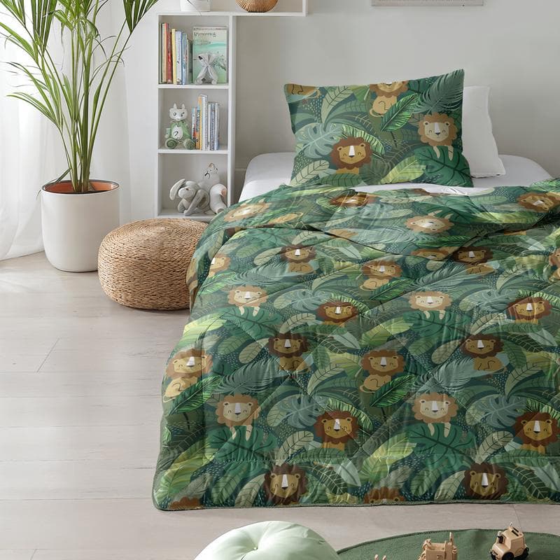 Lazy all-in-one kinderdekbed jungle groen op bed