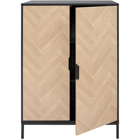 Herringbone cabinet with open door viewed from front