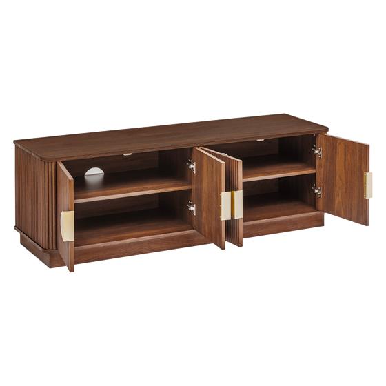 Ribbed design walnut TV cabinet - all doors opened