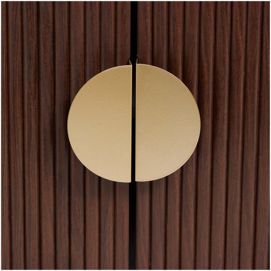 Ribbed design walnut TV cabinet - close-up of door handles