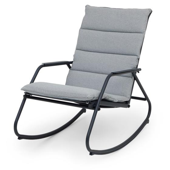 Zwarte schommelstoel met grijs kussen