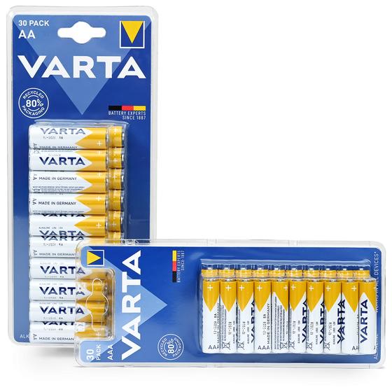 Varta alkaline batteries tilted in packaging