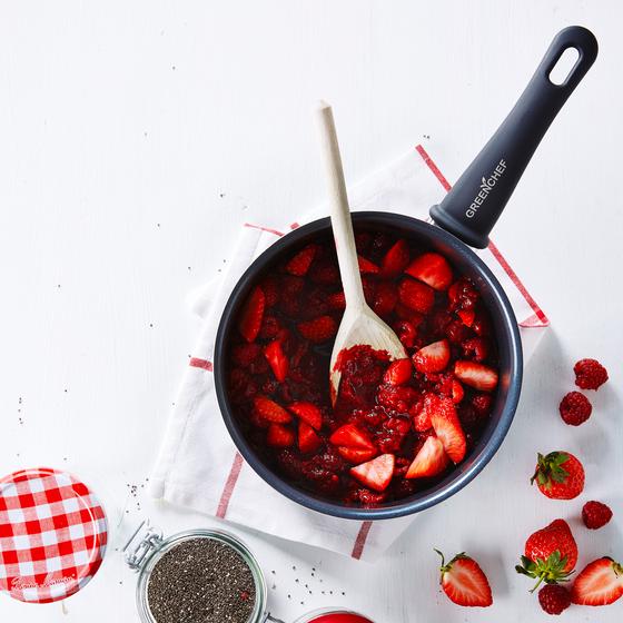 Sauce pan with succulent strawberries. Mmmm!