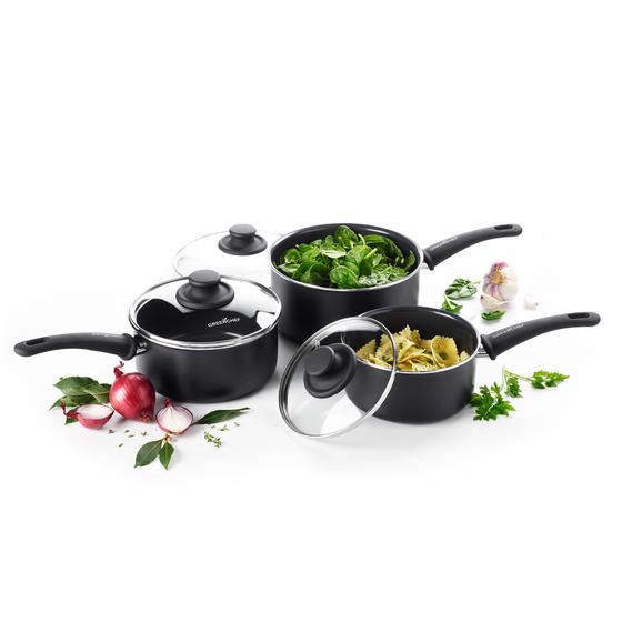 GreenChef Soft Grip cookware set with food