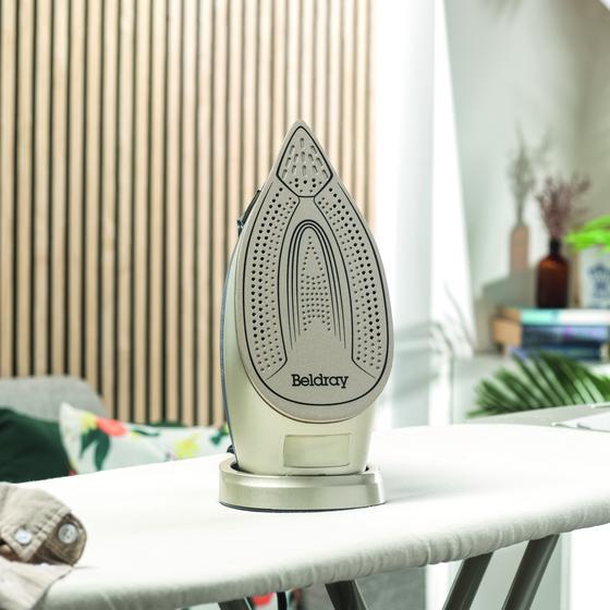 Beldray digital steam iron - upright on ironing board