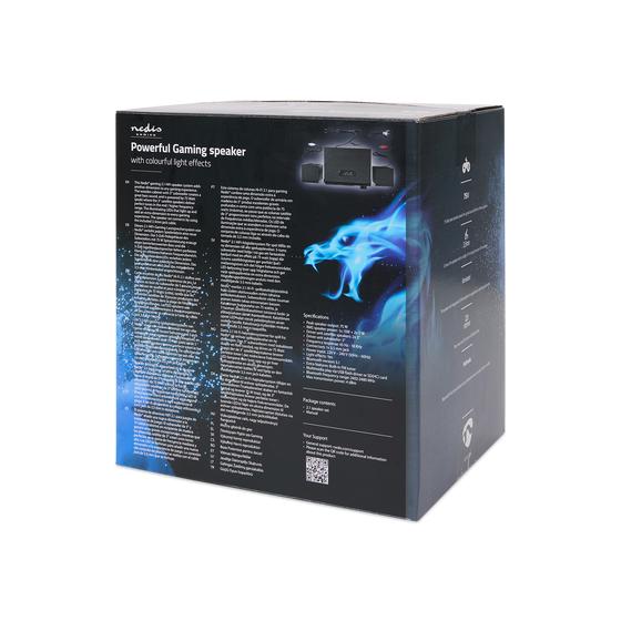 2.1 gaming speaker with LED lighting back of packaging