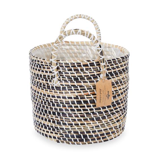 Seagrass plant basket - front view with label