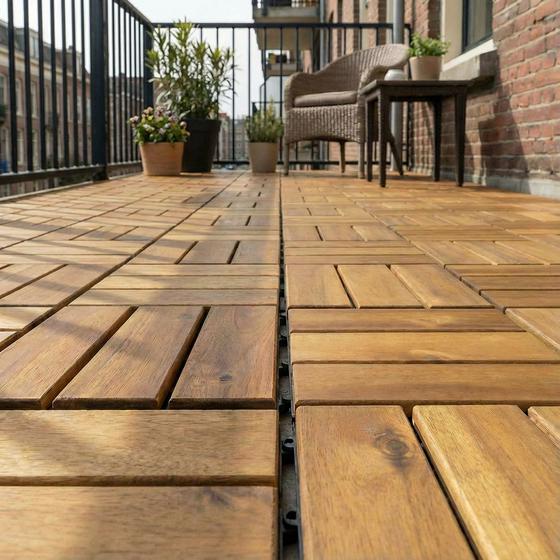 Acacia wood decking tiles - close-up balcony lifestyle image