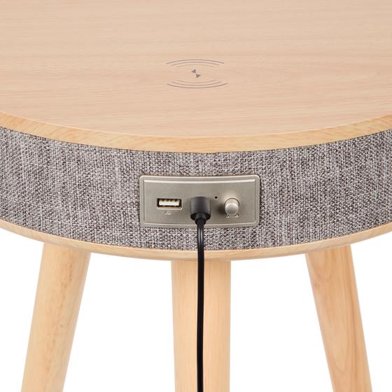 Design side table with built-in speaker close up plugged in cable