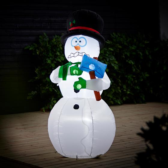 Inflatable snowman with light in garden