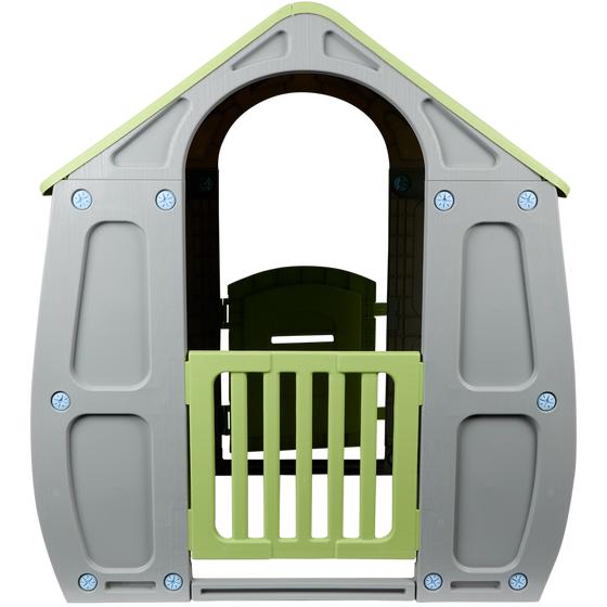 Back view of magical green/grey playhouse for children