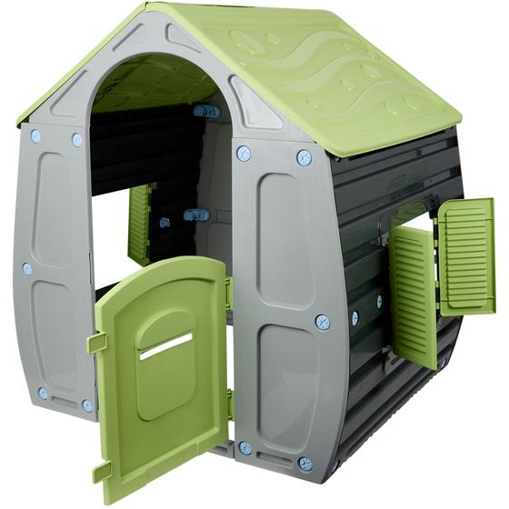 Magical green/grey playhouse for children with windows and doors open