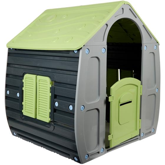 Side view of magical green/grey playhouse for children