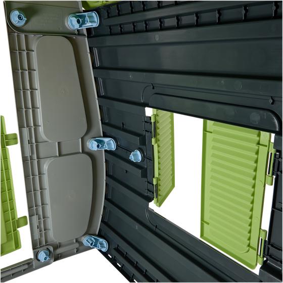 Inside of window of magical green/grey playhouse for children 