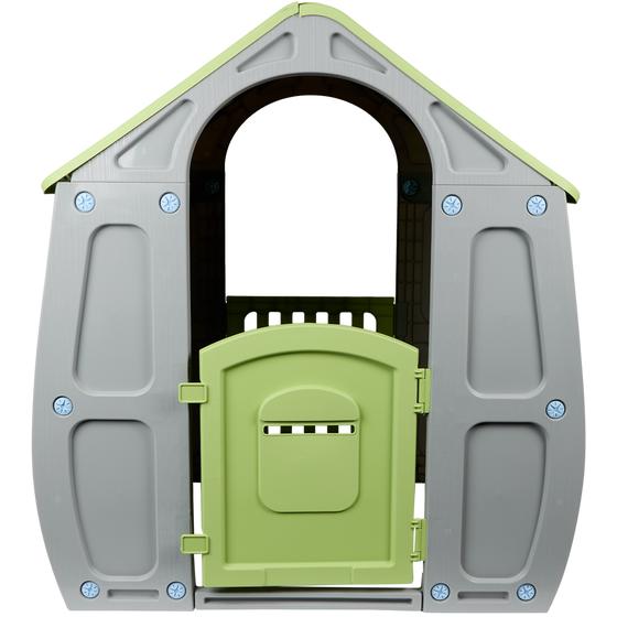 Front view of magical green/grey playhouse for children