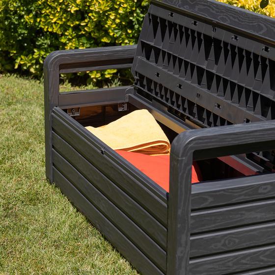 Storage bench - in garden angle view