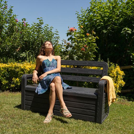 Storage bench - woman sitting on bench