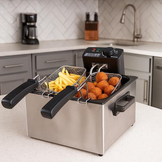Tristar XL deep fryer in use with 2 baskets