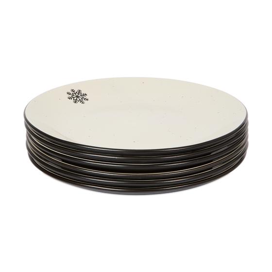 Speckled dinner set - Black with snowflake breakfast plates stacked