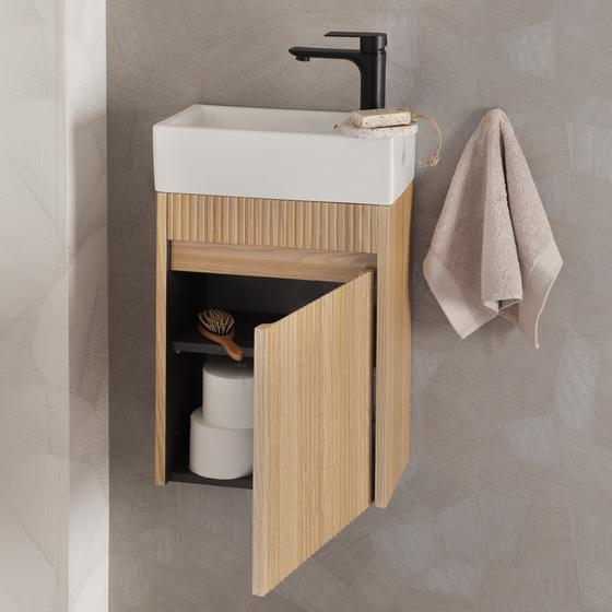 Toilet cabinet with washbasin cabinet door open