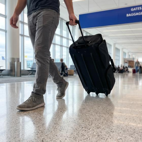 XXL black holdall on wheels - in use at airport