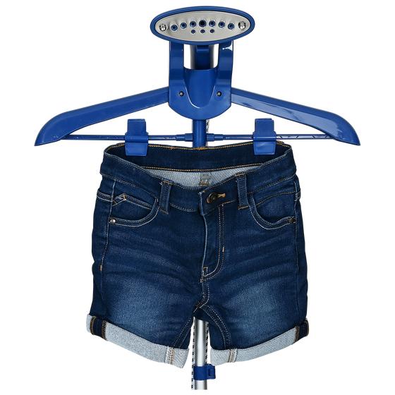 Clothing and fabric steamer with a short on the hanger