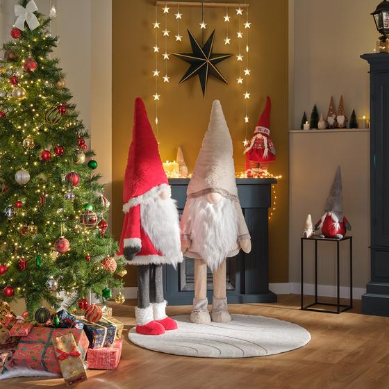 Gnome de Noël XXL 165 cm beige et gnome rouge