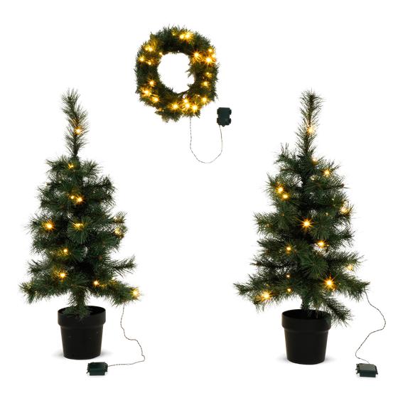 Set of 2 Christmas trees and 1 wreath illuminated