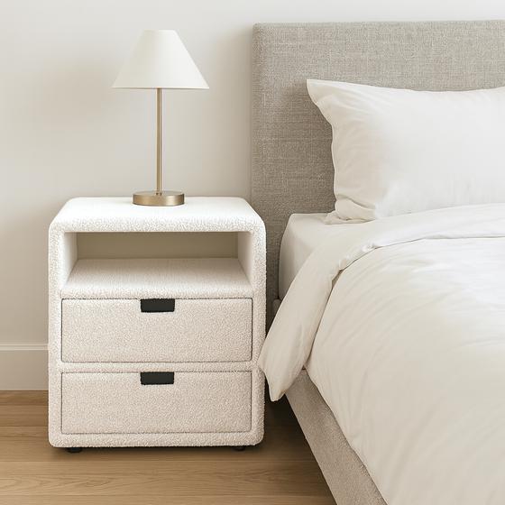 Nachtkastje chenille - crème-wit inspiratie naast het bed