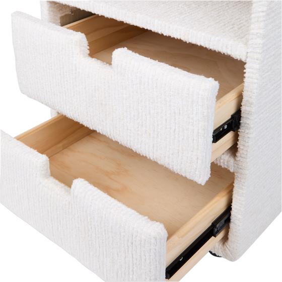 Chenille bedside table - cream white - close-up of open drawers