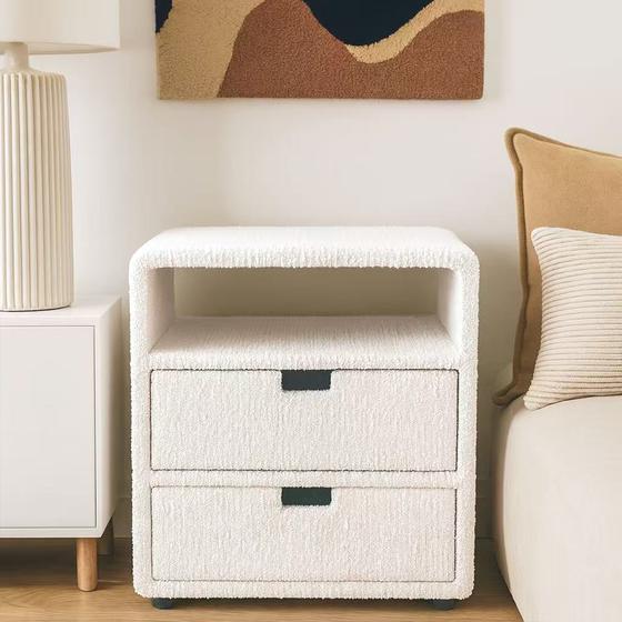 Chenille bedside table - cream white - bedroom lifestyle image