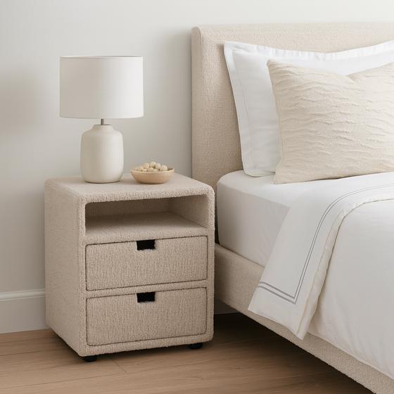 Nachtkastje chenille - taupe inspiratie slaapkamer
