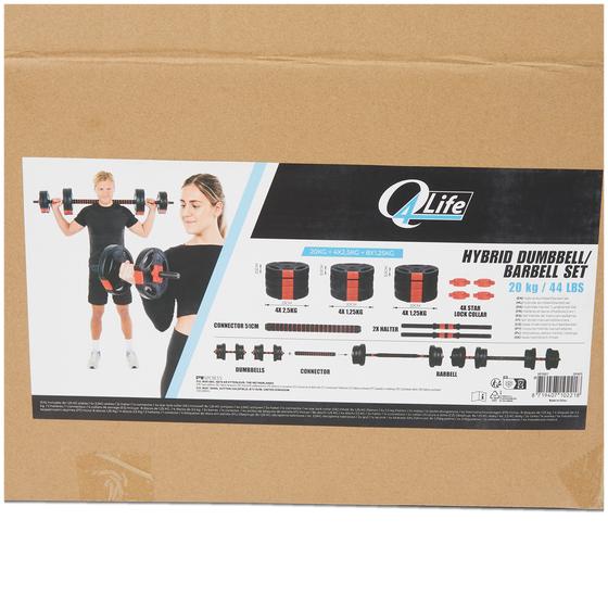 Q4Life dumbbells and barbell in packaging