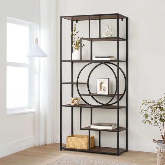 Wall shelving unit with circle in living room