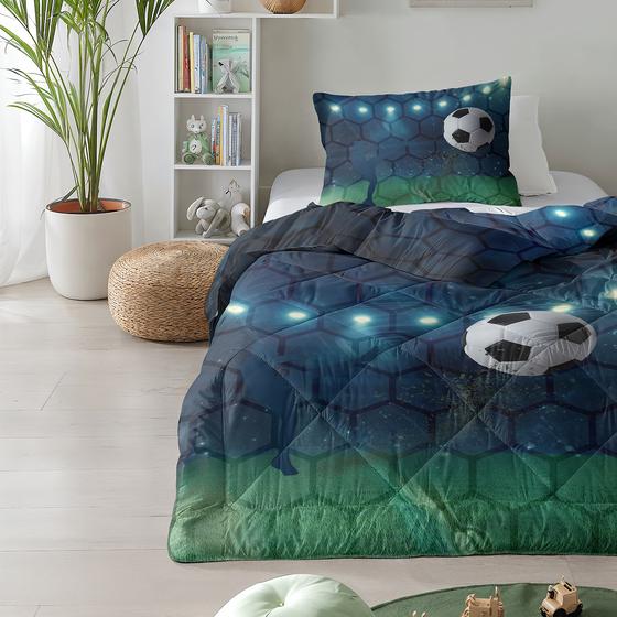 Lazy all-in-one children's duvet with football print in bedroom