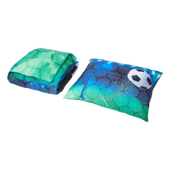 Lazy all-in-one children's duvet with football print folded with cushion